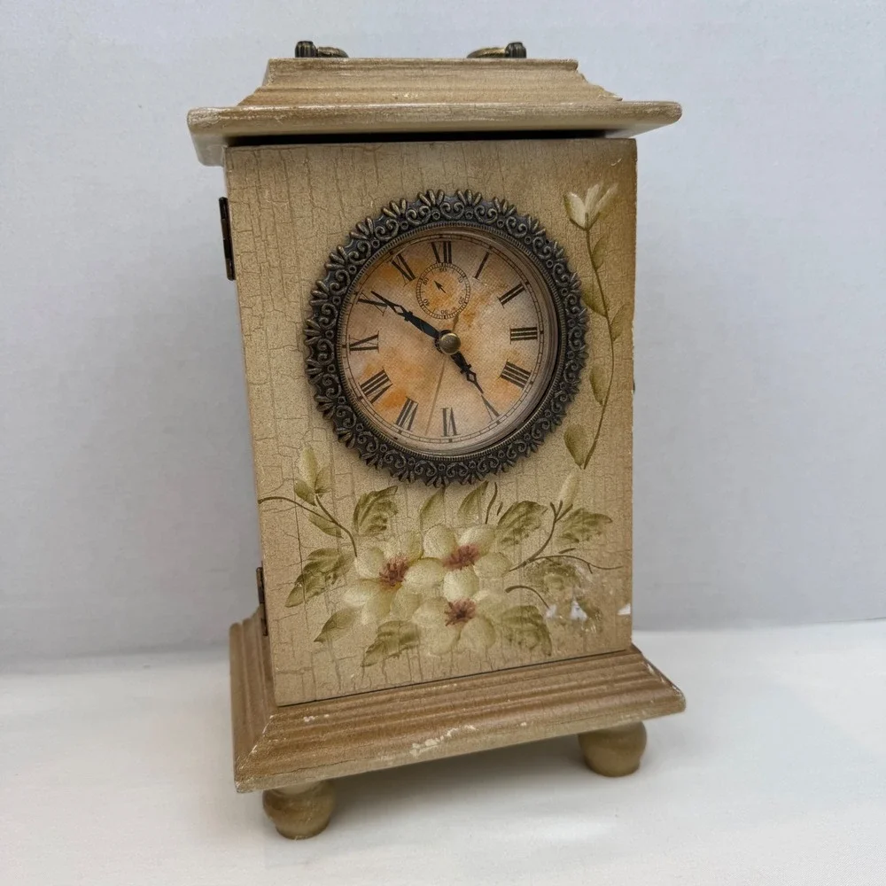 Vintage Floral Crackle Finish Mantle Clock Wooden Shabby Chic Tabletop Decor